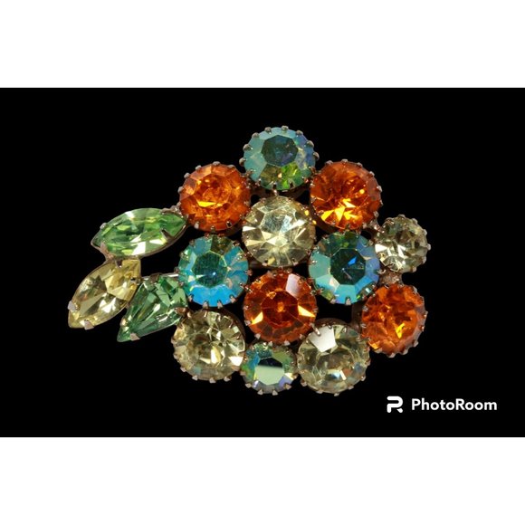 Vintage Karu Arke Brooch Green/Amber AB Aurora Borealis Rhinestone Prong Set Pin - Picture 2 of 8